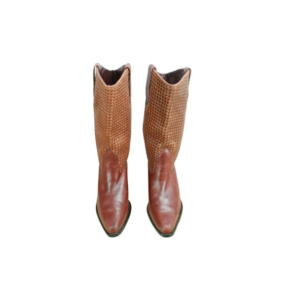 Vintage LL Bean Dingo Brown Braided Leather Western Pull-On Boots Size 6 M - Picture 5 of 10